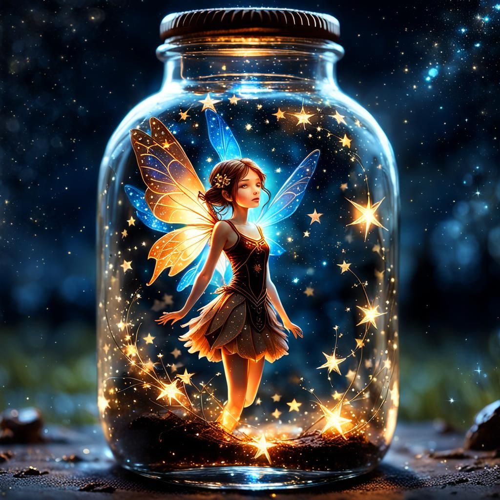 Glowing Fairy Trapped in Bottle, Macro Photograph