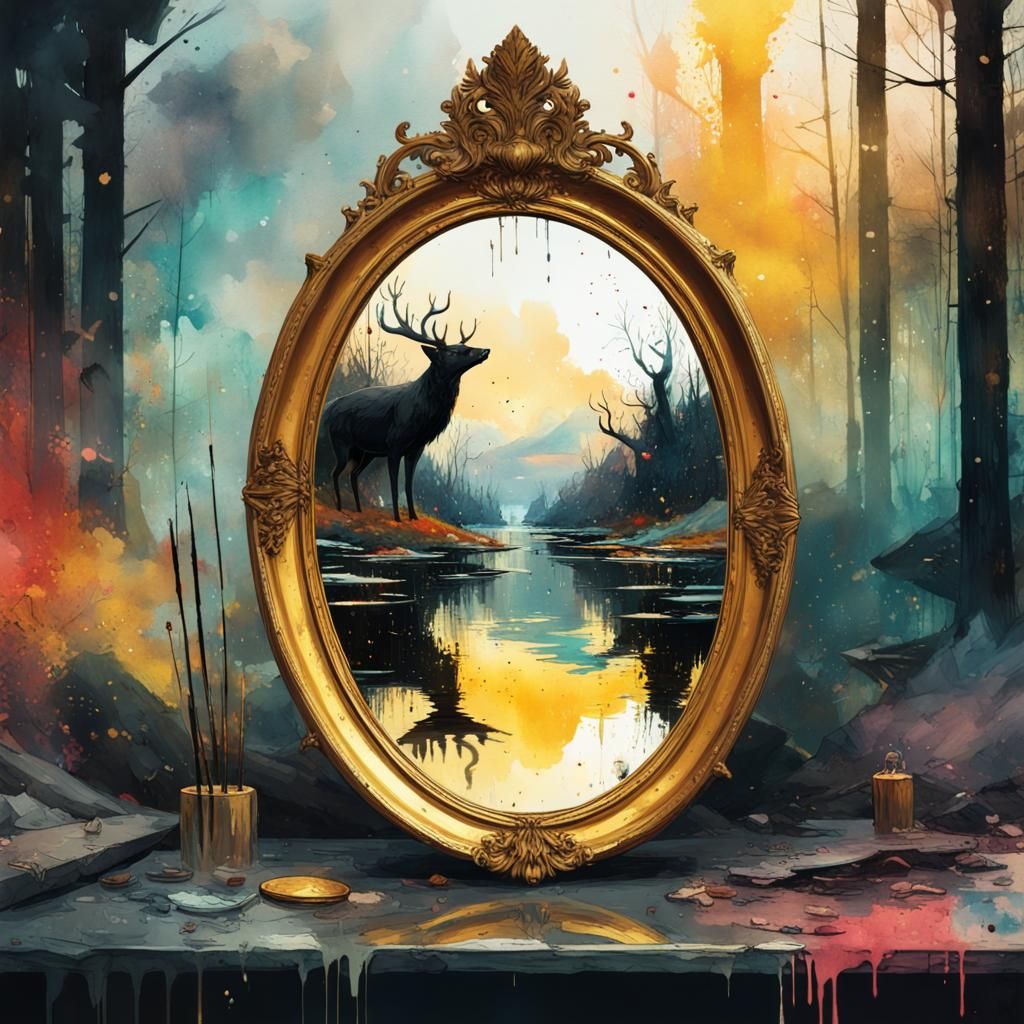 Golden Mirror with Dark Reflection in Watercolor Style