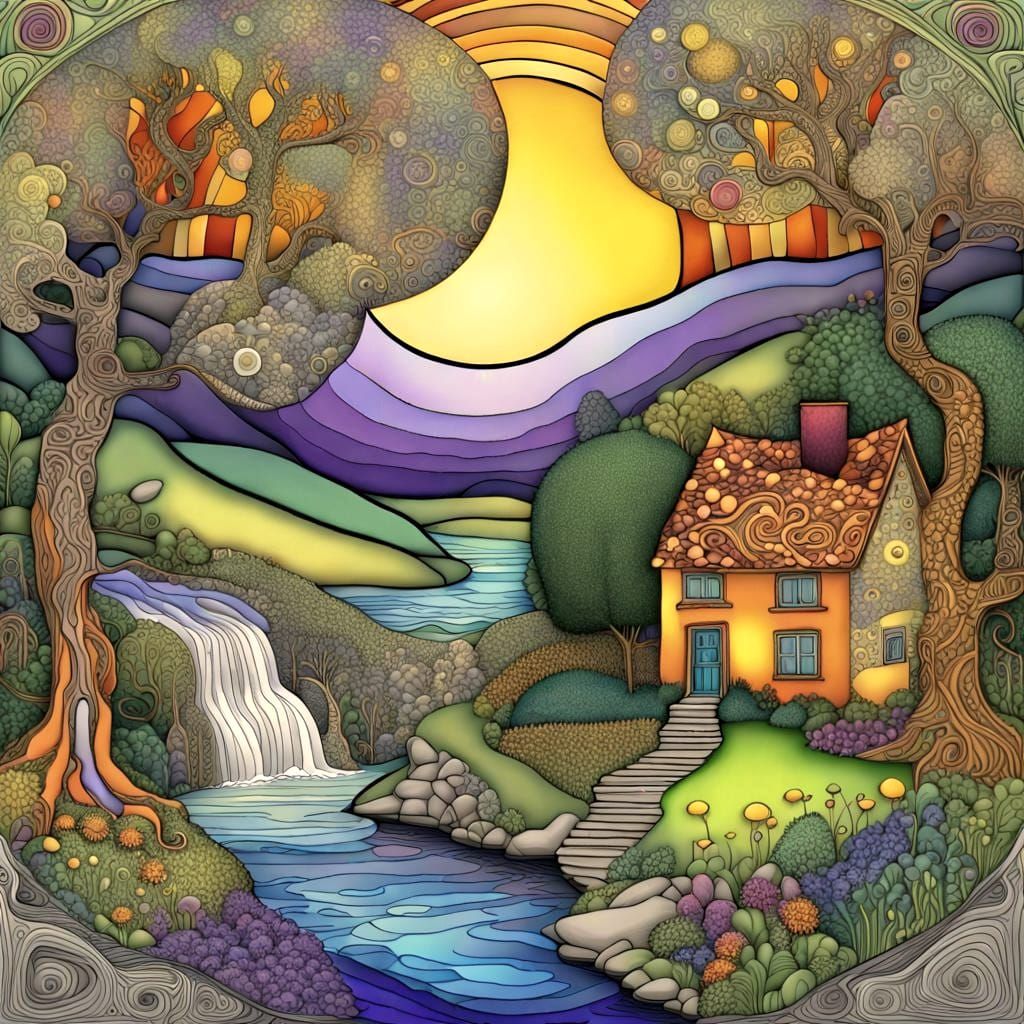 Surreal Doodle World: Forest with Cottage