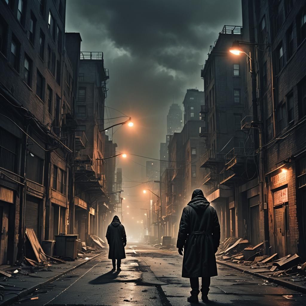 Brooding Figure in Dark Cityscape: Dark Fantasy Art