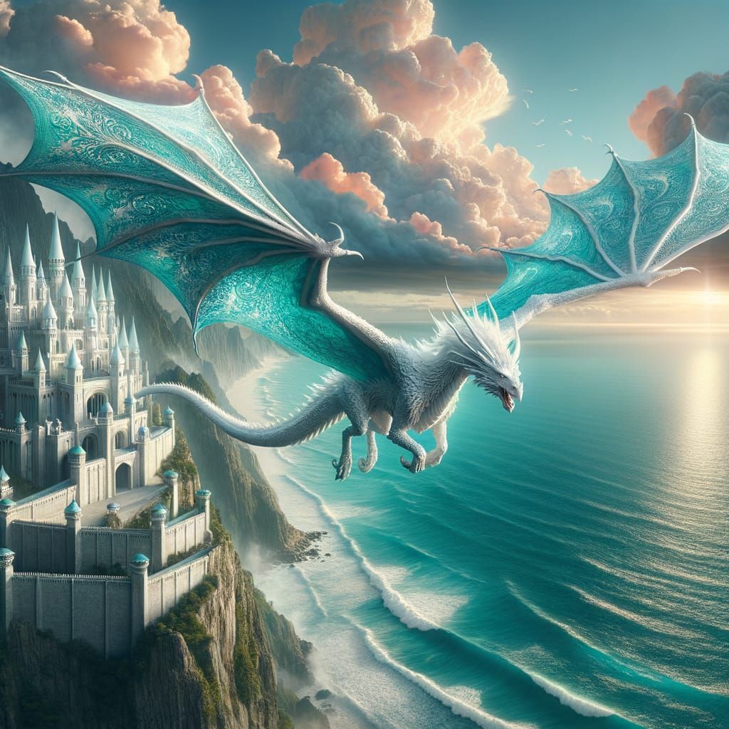 White Dragon with Teal Lace Wings Over Ocean and Castle