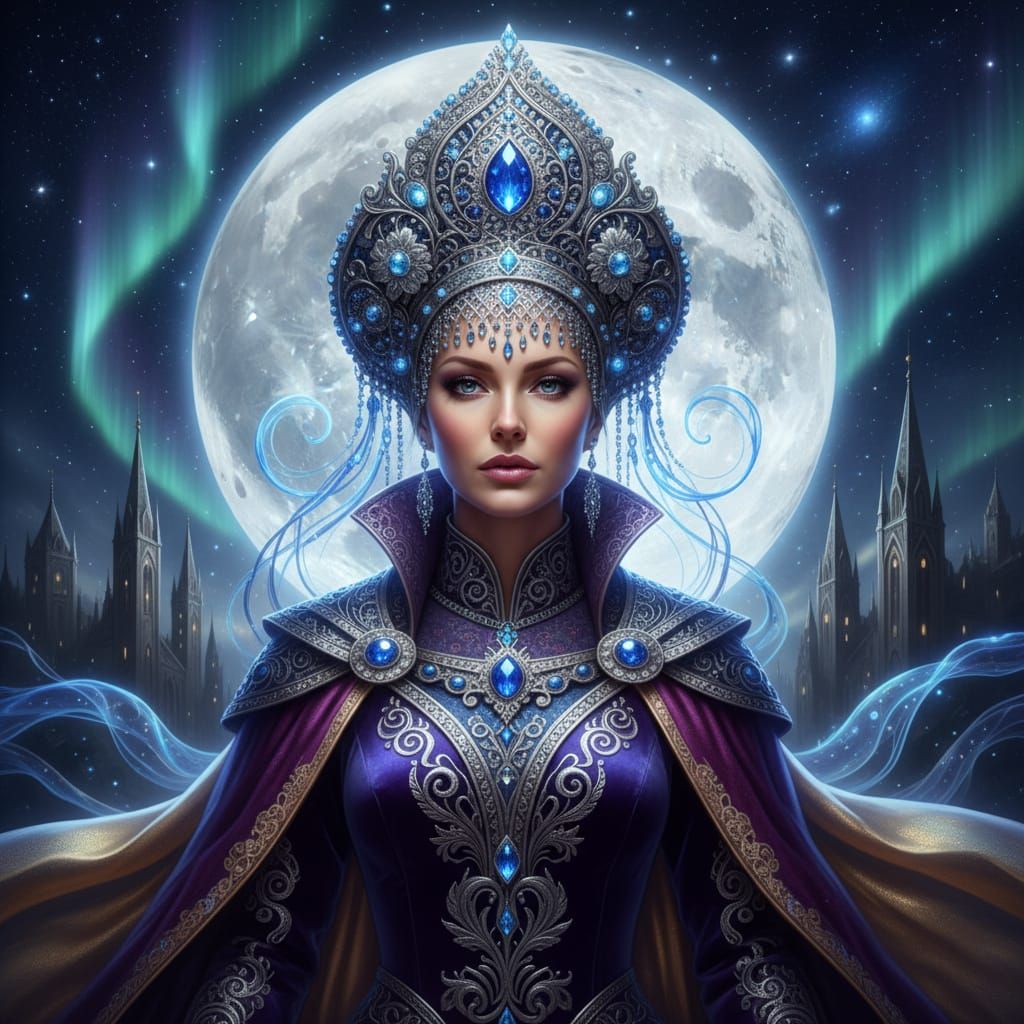 Fantasy Queen in Elaborate Kokoshnik Tiara with Moonlit Towe...