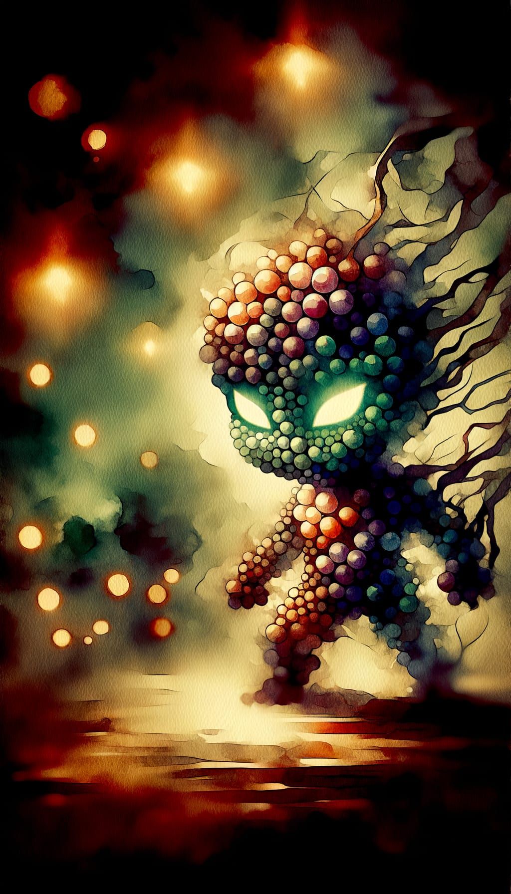 Eerie Grape Chibi Figure in Watercolor Style