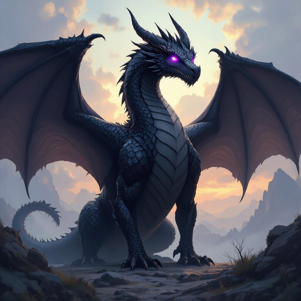 Epic Black Dragon with Violet Eyes in Fantasy Art