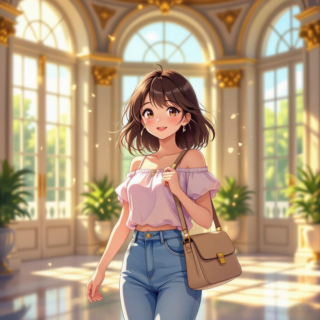 Anime Girl Explores Grand Mansion in Golden Hour Light