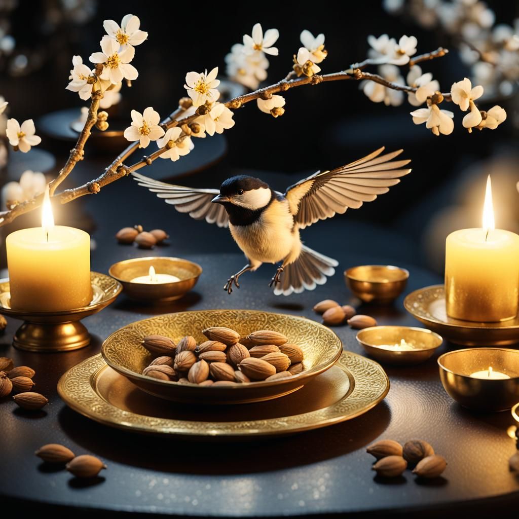 Chickadee with Candlesticks in Hyper-Realistic Style