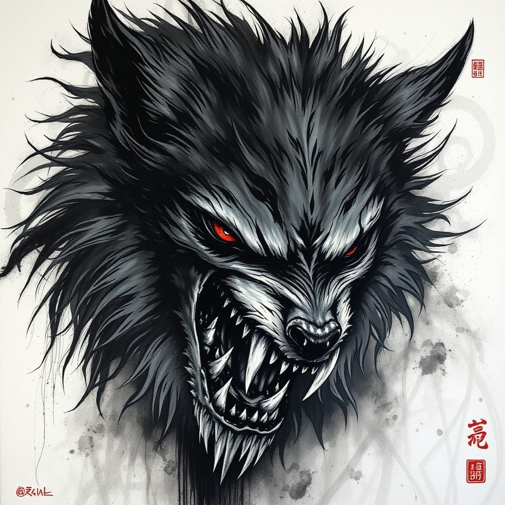 Epic Samurai Werewolf Ink Drawing with Intricate Brushwork