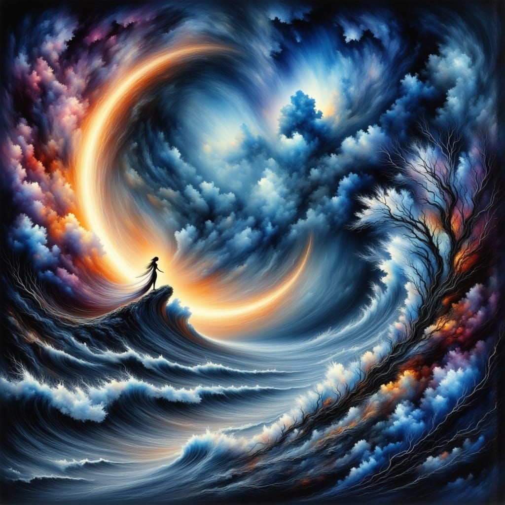 Ethereal Fairy on Crescent Moon, Radiant Amidst Turbulent Ni...