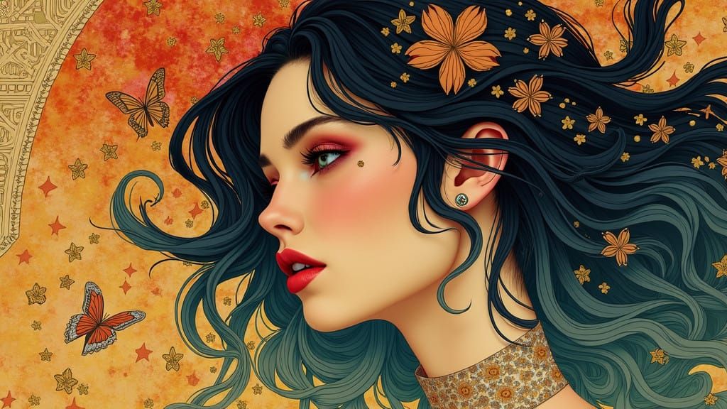 Vibrant Tetradic Portrait in Art Nouveau Glitchcore Style