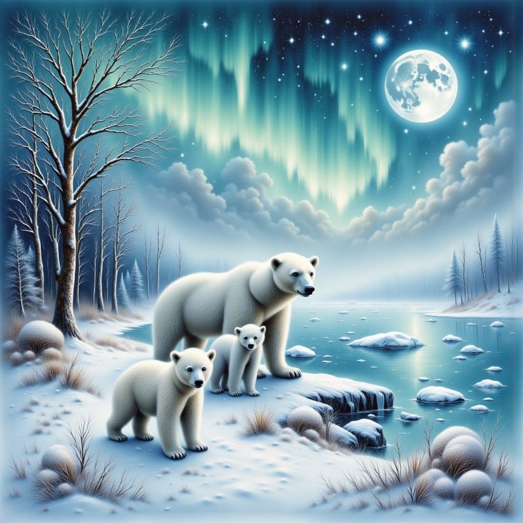 Polar Bears and Cubs in Ethereal Winter Wonderland