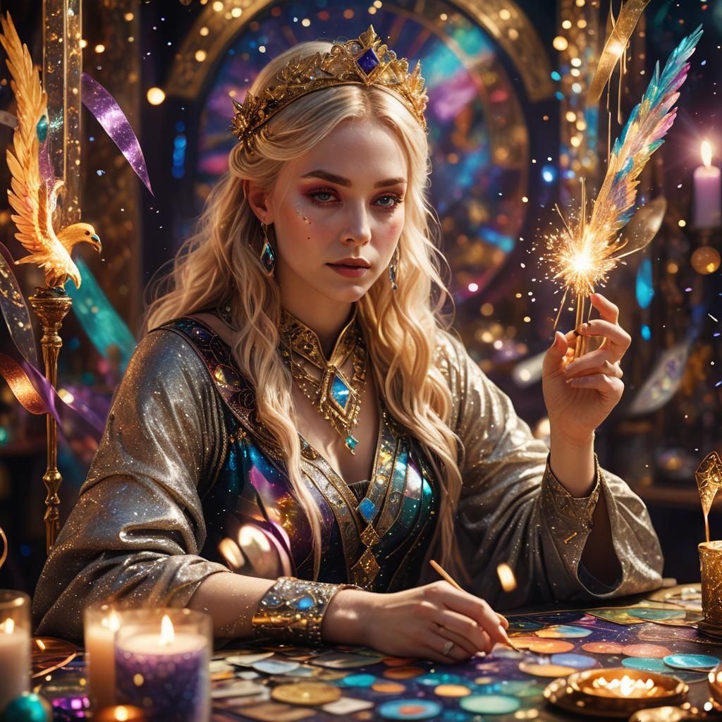 Blonde Tarot Reader with Phoenix Wand in Silver Glitter