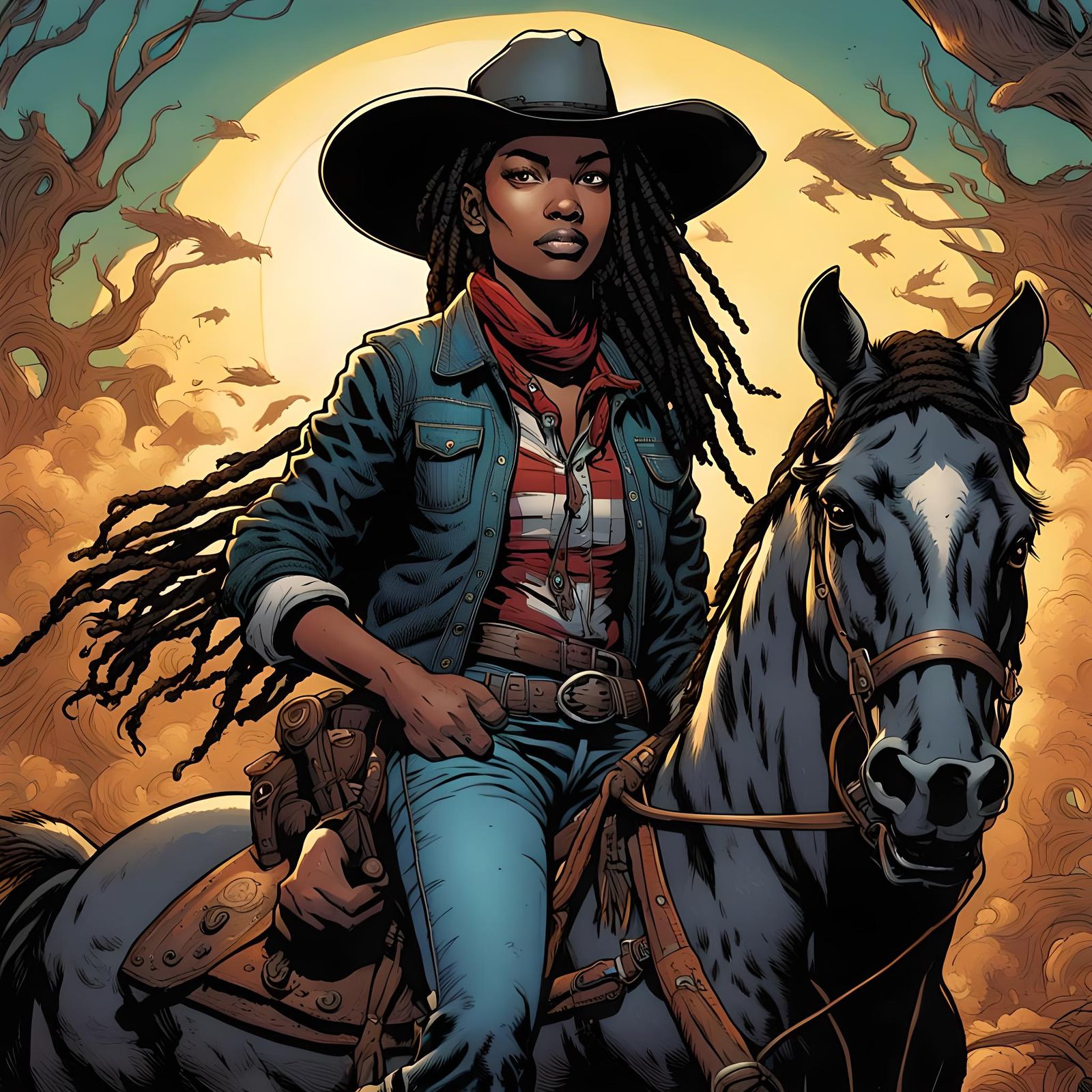Black Cowgirl on Stallion: Comic Book Art