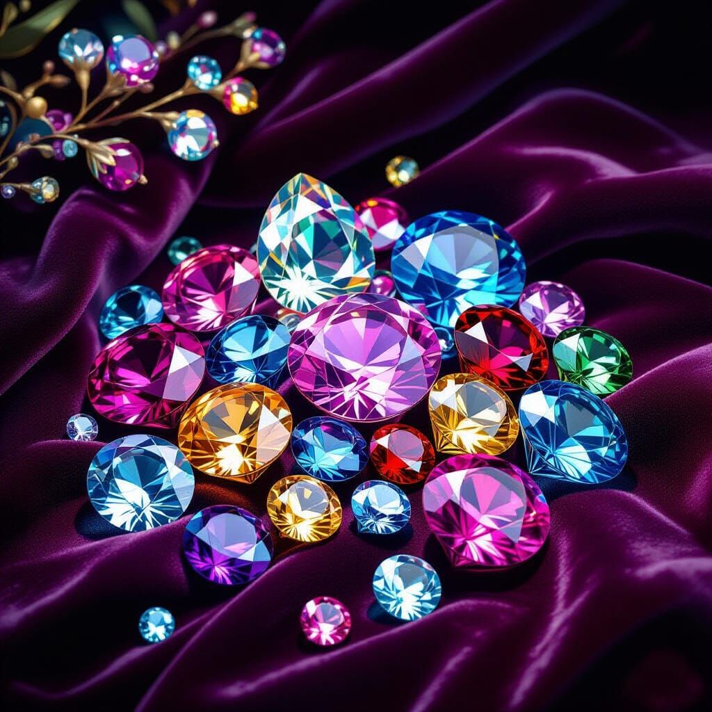 Colorful Gems Reflecting Light in Art Nouveau Style