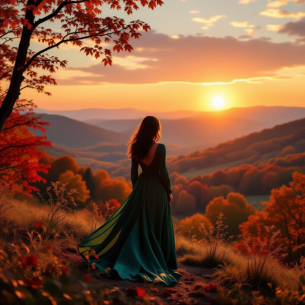 Woman in Emerald Dress at Autumn Sunset