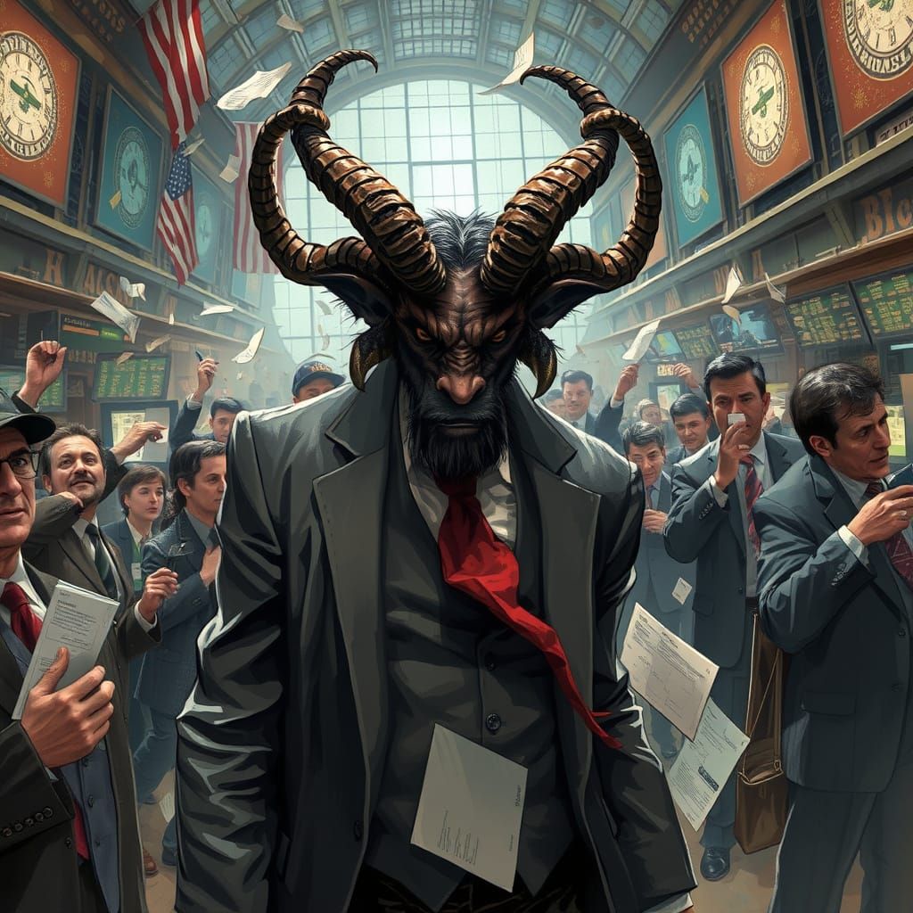 Krampus in a Suit Amongst Stock Exchange Chaos