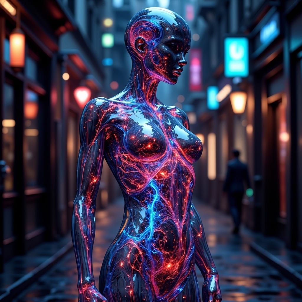 Futuristic Bioluminescent Anatomy in Cyberpunk City