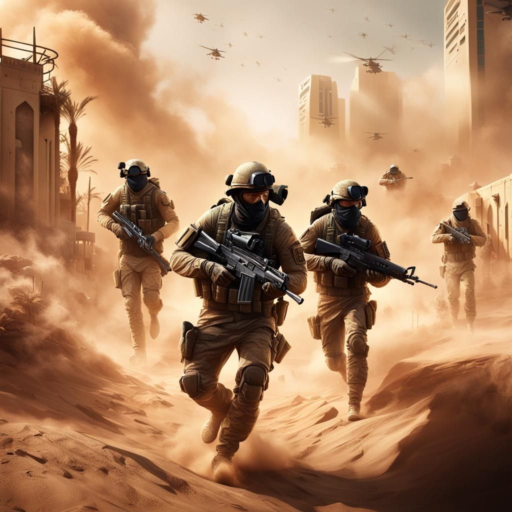 Soldiers Fight Sandstorm in Dubai: Detailed Matte Painting