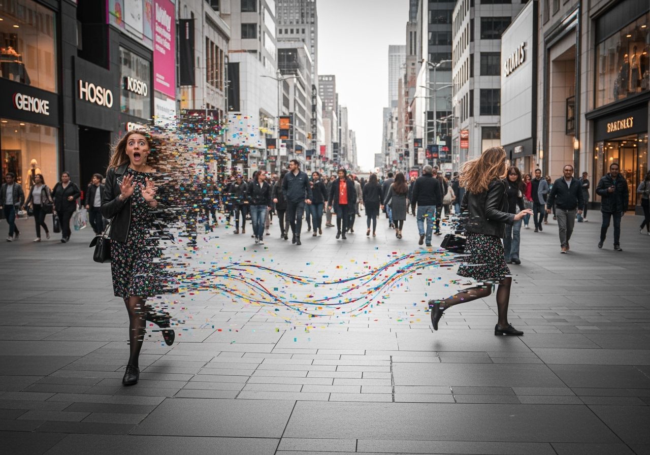 Woman Dissolving on City Sidewalk in Glitchcore Style