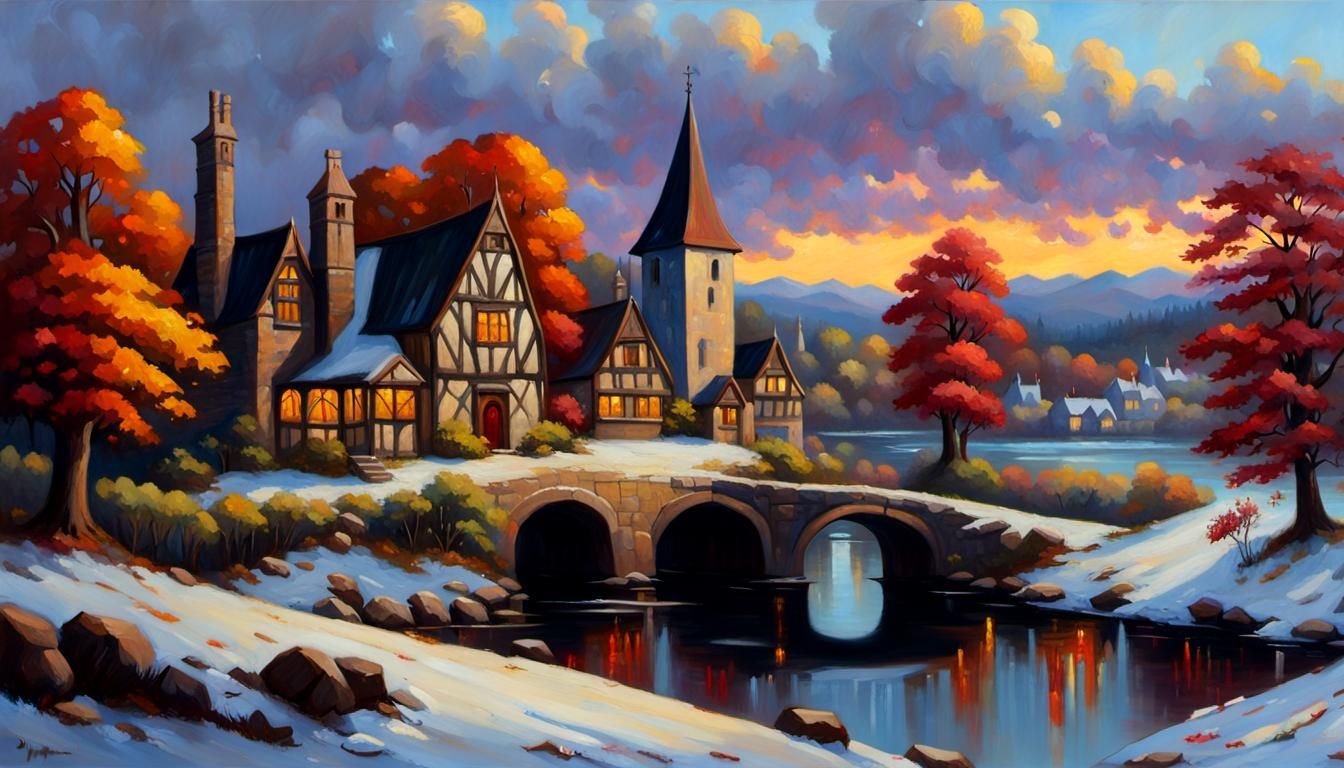 Picturesque English Village in Autumnal Light, Oil Painting