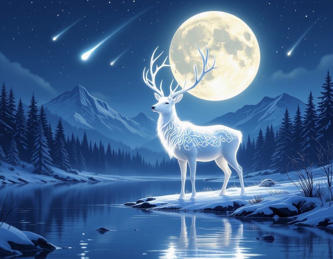 Ethereal White Deer Under Moonlight: Fantasy Concept Art