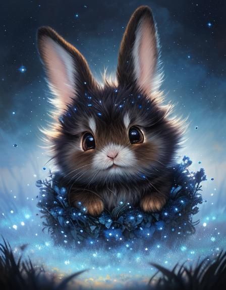 Fluffy Fantasy Baby Bunny in Flower Rain