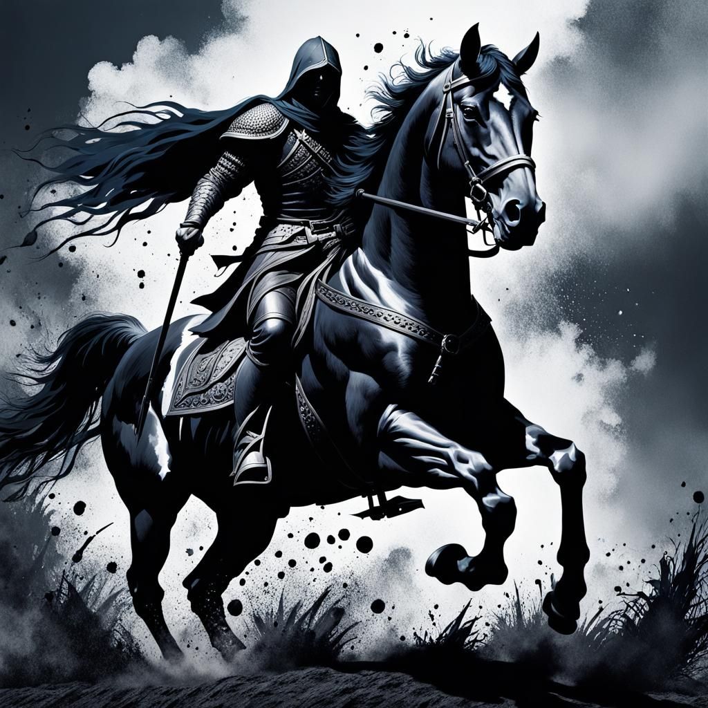 Goth Warrior Rides Horse in Battle: Ink Splatter Art