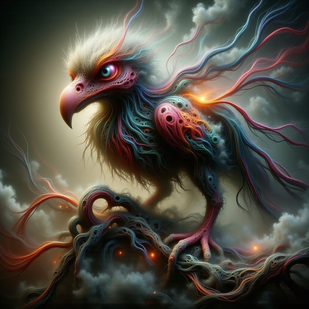 Cute Colorful Vulture on Grave, Fluffy Art