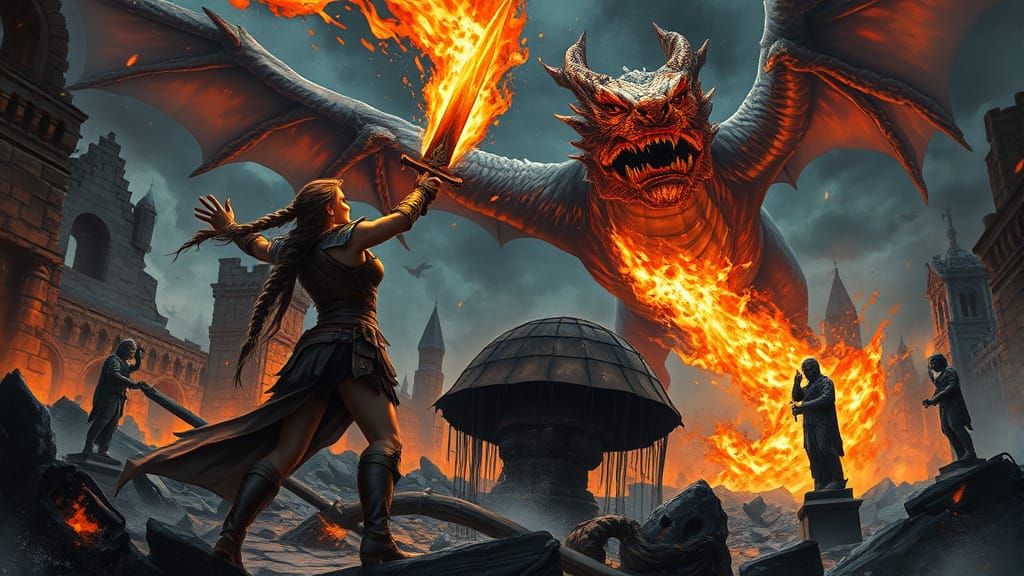 Epic Fantasy Battle: Barbarian vs Dragon in Ruins