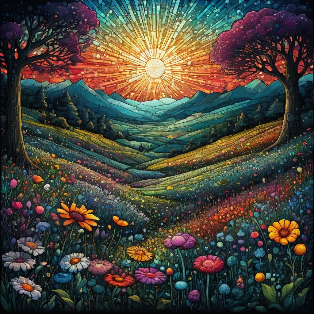 “Lebendige Landschaft im Pointillismus-Stil: Ein Spiel der F...