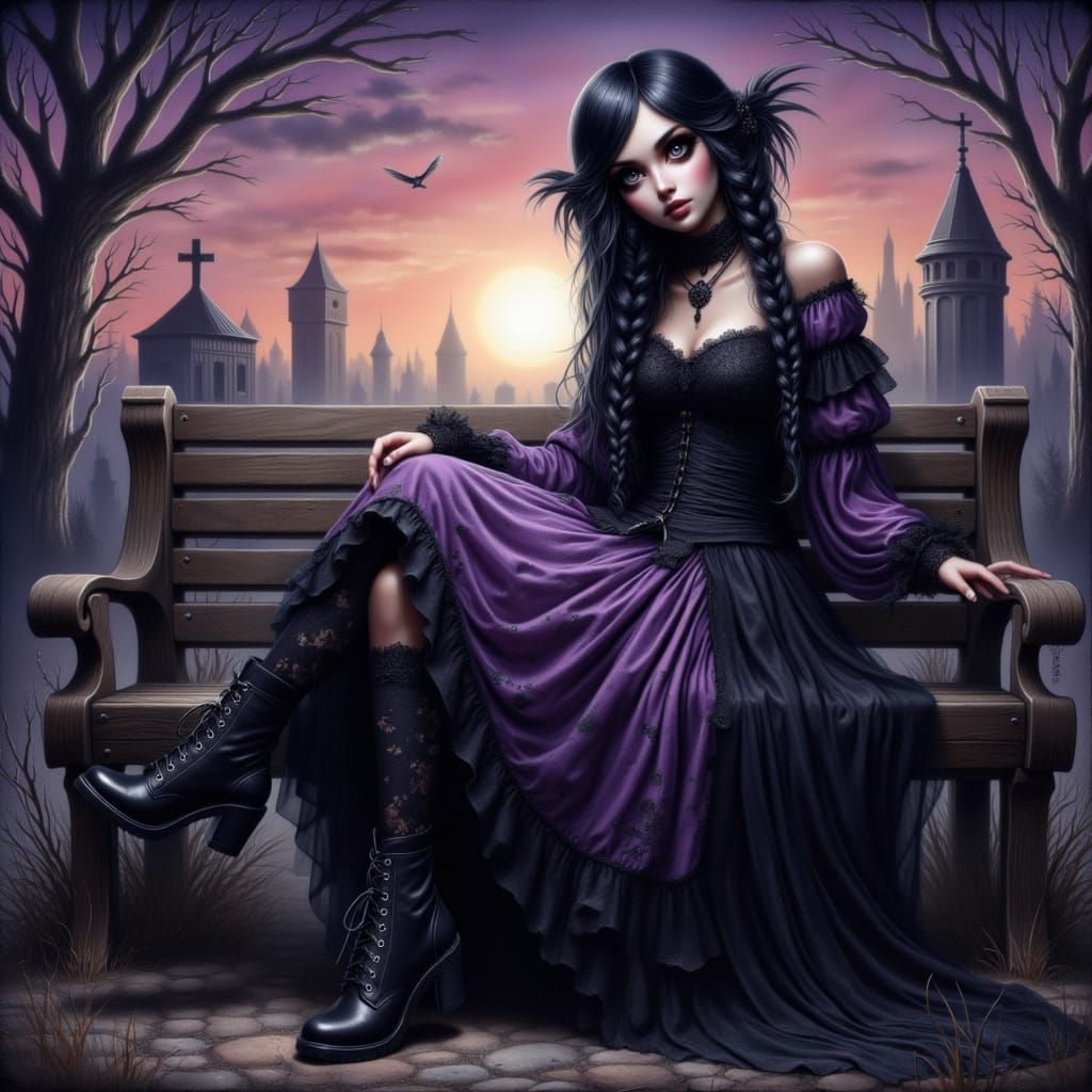 Wednesday Addams on Cemetery Bench at Sunset