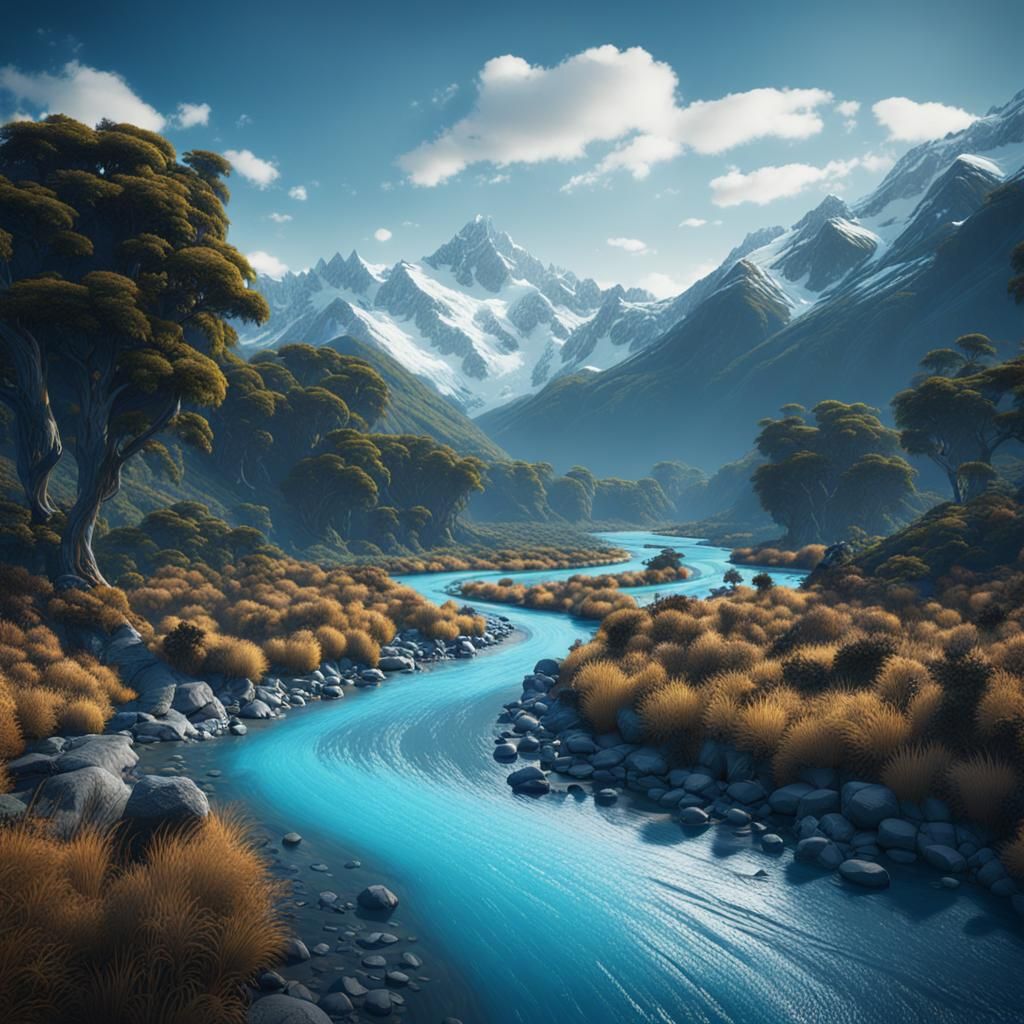 Blue River in New Zealand: Detailed Matte Painting