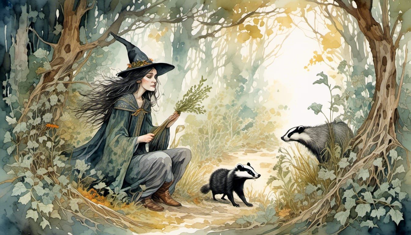 Young Witch Gathering Herbs in Forest, Watercolor Style