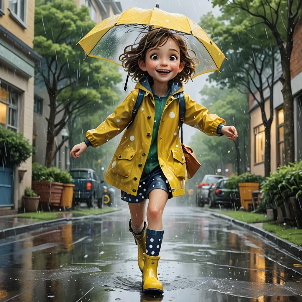 Girl in Yellow Raincoat: Whimsical Matte Painting
