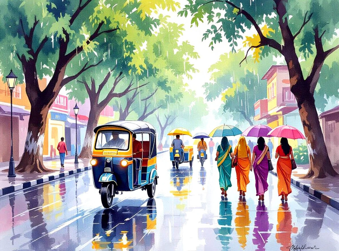 Rainy Indian Street Scene in Watercolor Style