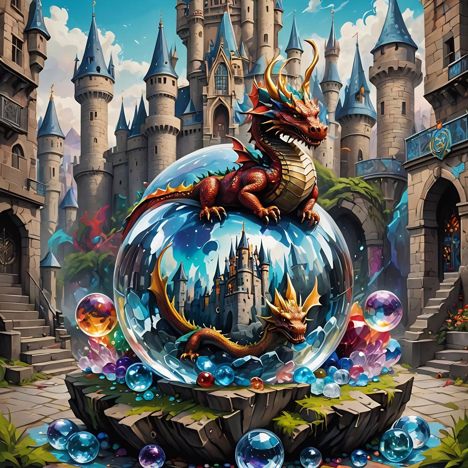 Dragon on Crystal Ball with Castle, Graffiti Art