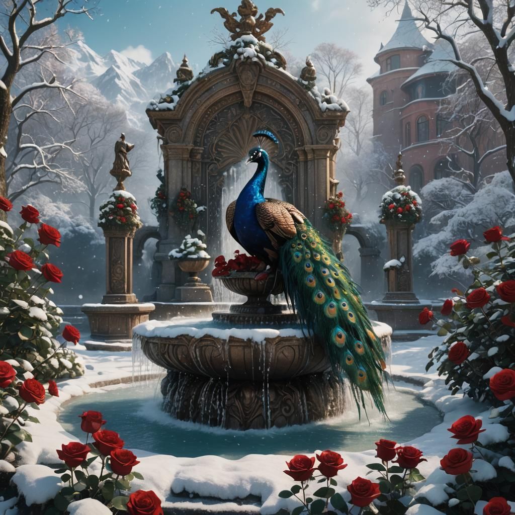 Winter Peacock with Roses and Fountain