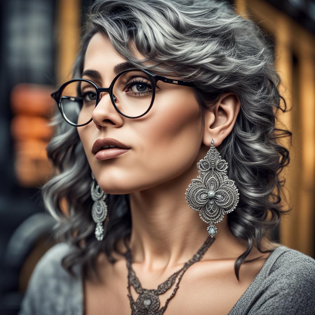 Hyperrealistic Portrait of Young Woman with Gray Hair