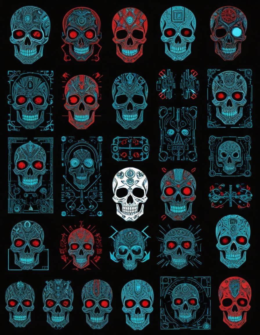 A flash tattoo sheet featuring various cyberpunk-themed desi...