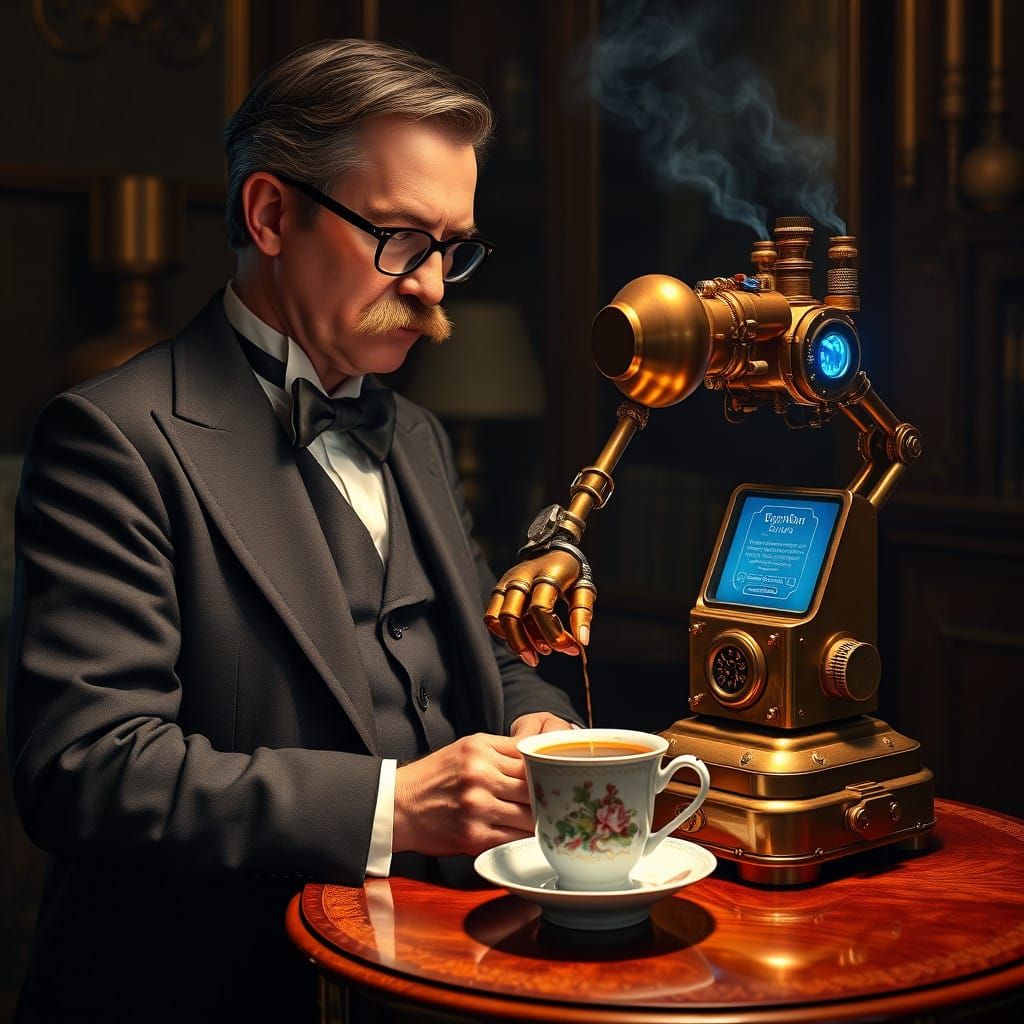 Steampunk Gentleman Enjoys Coffee with Industrial Innovation