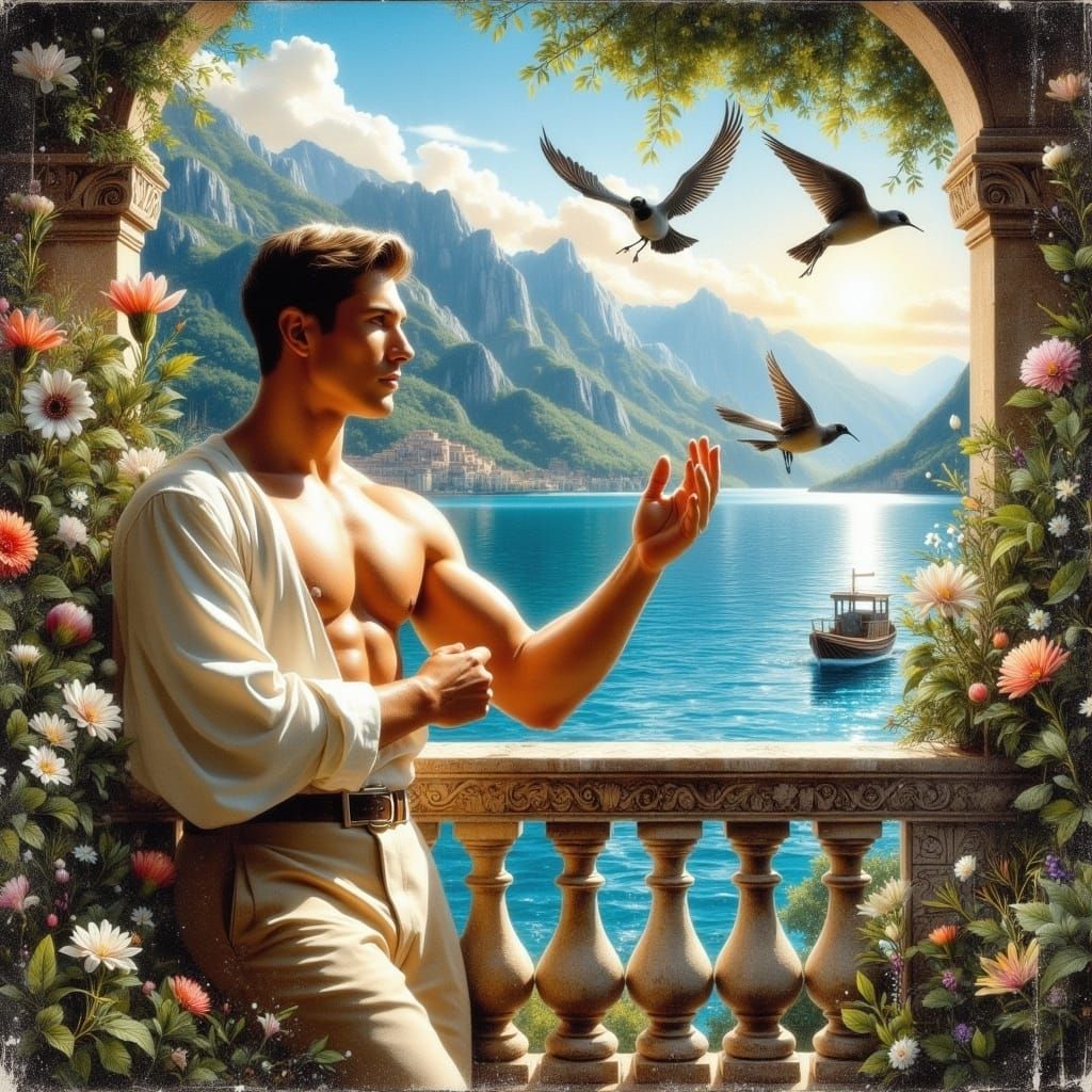 Chiseled Male in Classic Italian Renaissance Style Feeding B...