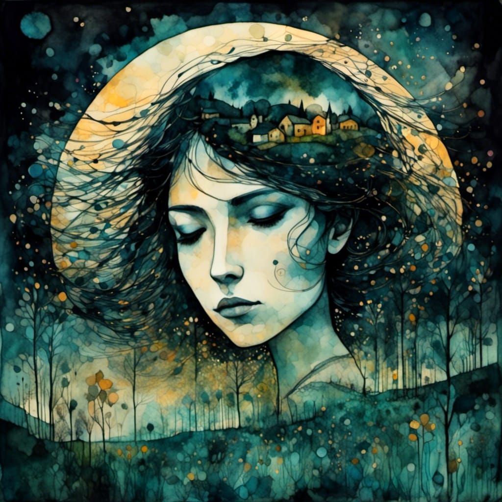 Esoteric Liquid Ink Illustration of Woman at Sunset