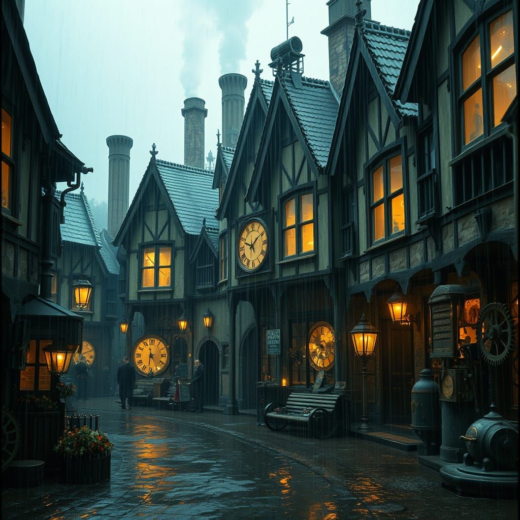 Steampunk Village in a Thunderstorm: Cinematic Still