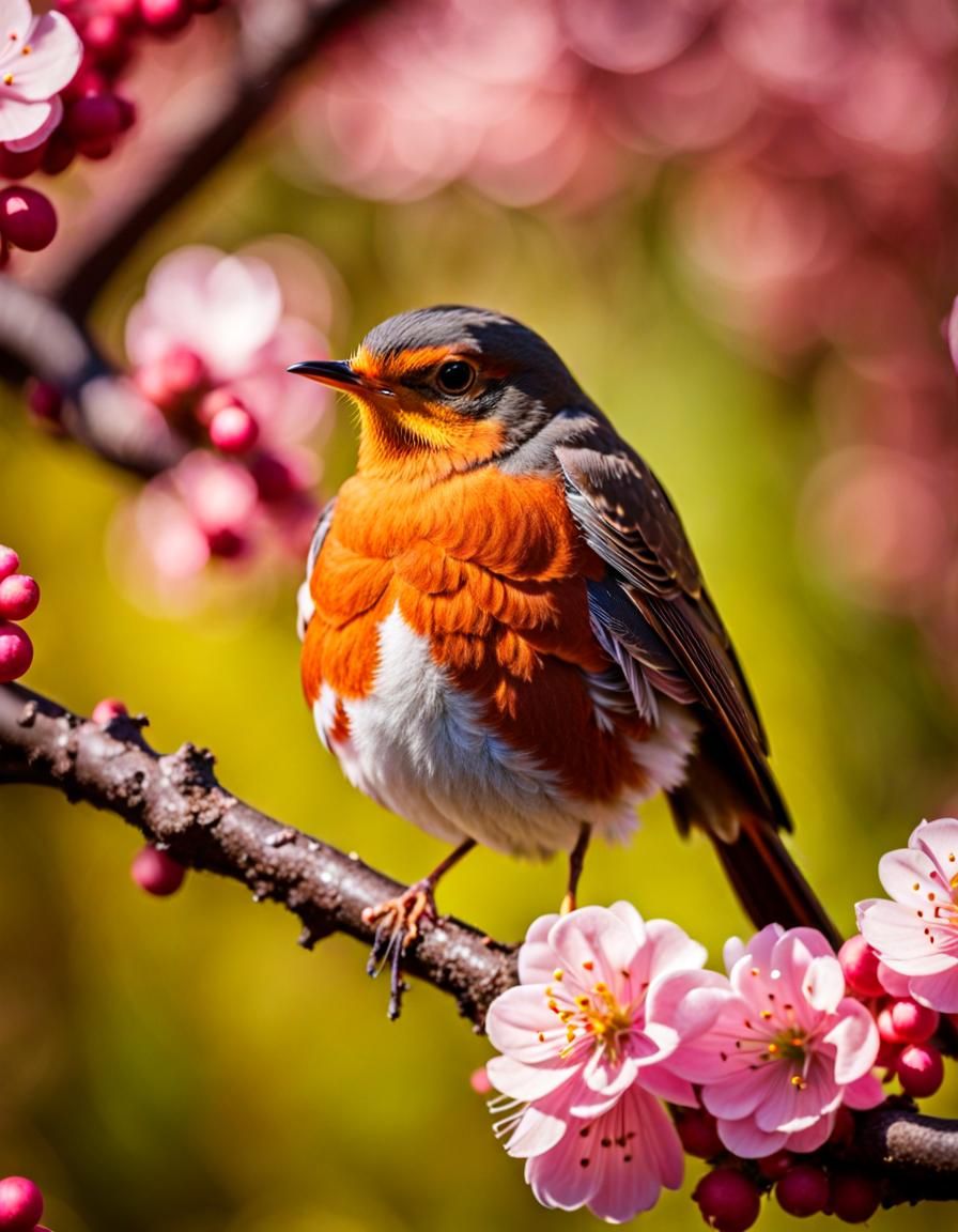 Robin Bird in Blossom Tree: Sharp Focus Photo