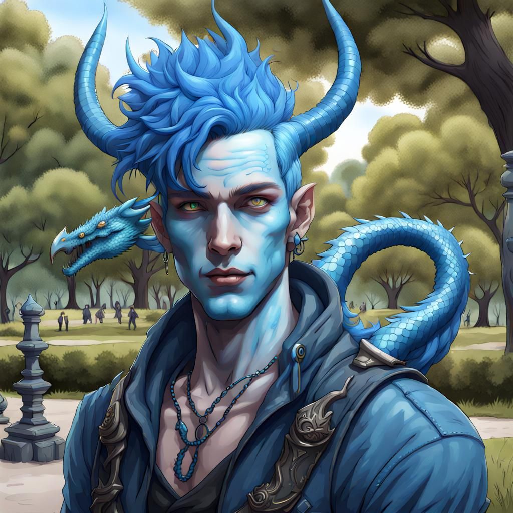 Blue Dragon-Horned Male in Park, Detailed Render