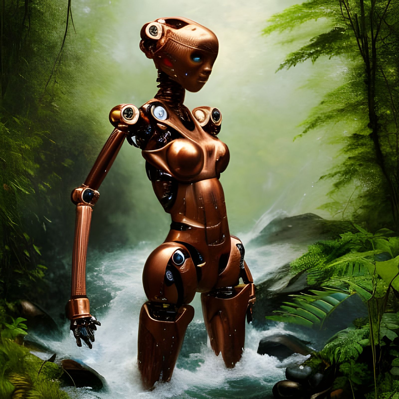 Robot Flamethrower in Jungle, Hyper-Detailed Oil Painting