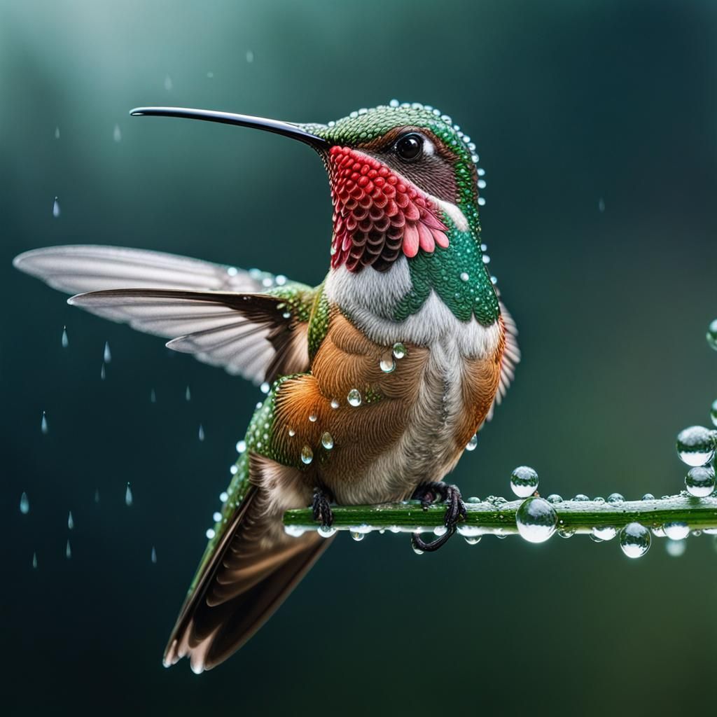 Magical Hummingbird in Rain with Double Exposure