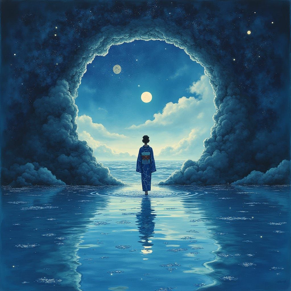 Geisha Steps Through Portal: Watercolor Art