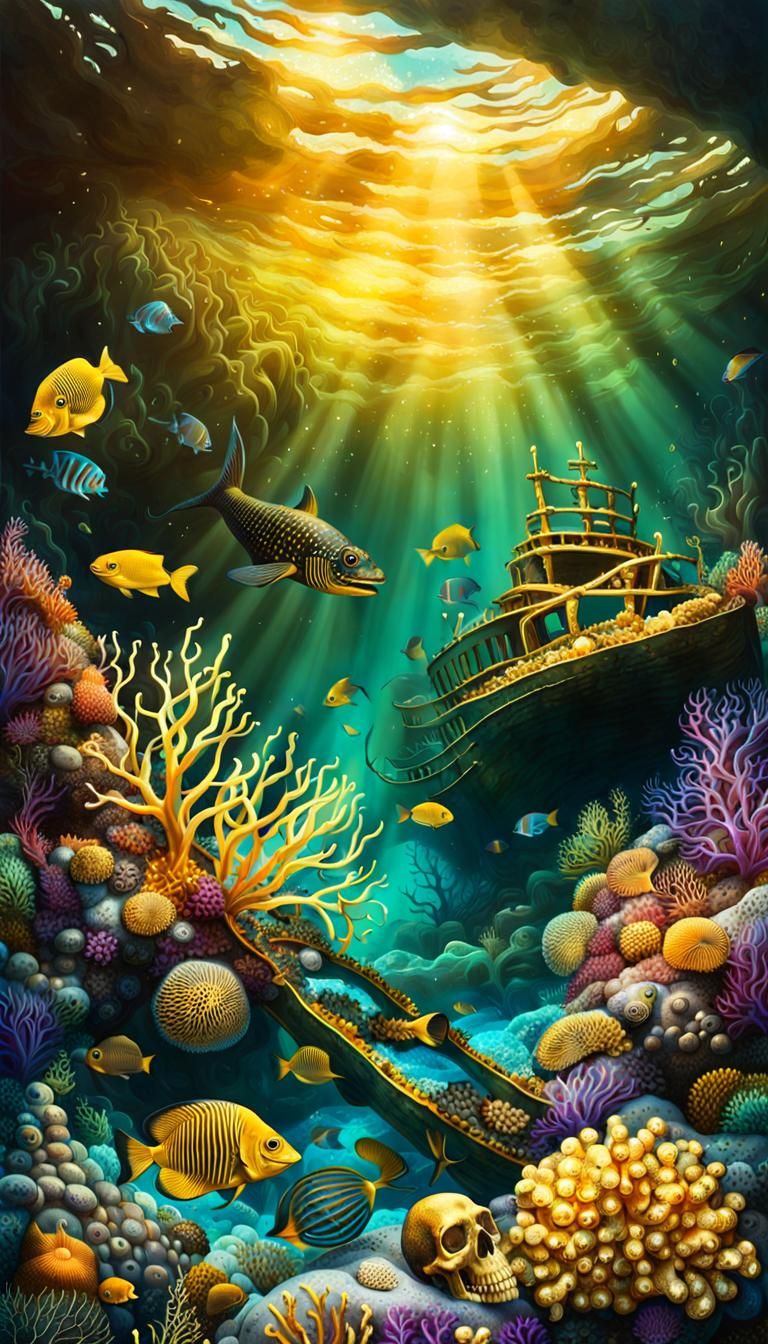 Sunken Shipwreck and Coral Reef in Alcohol Ink Style