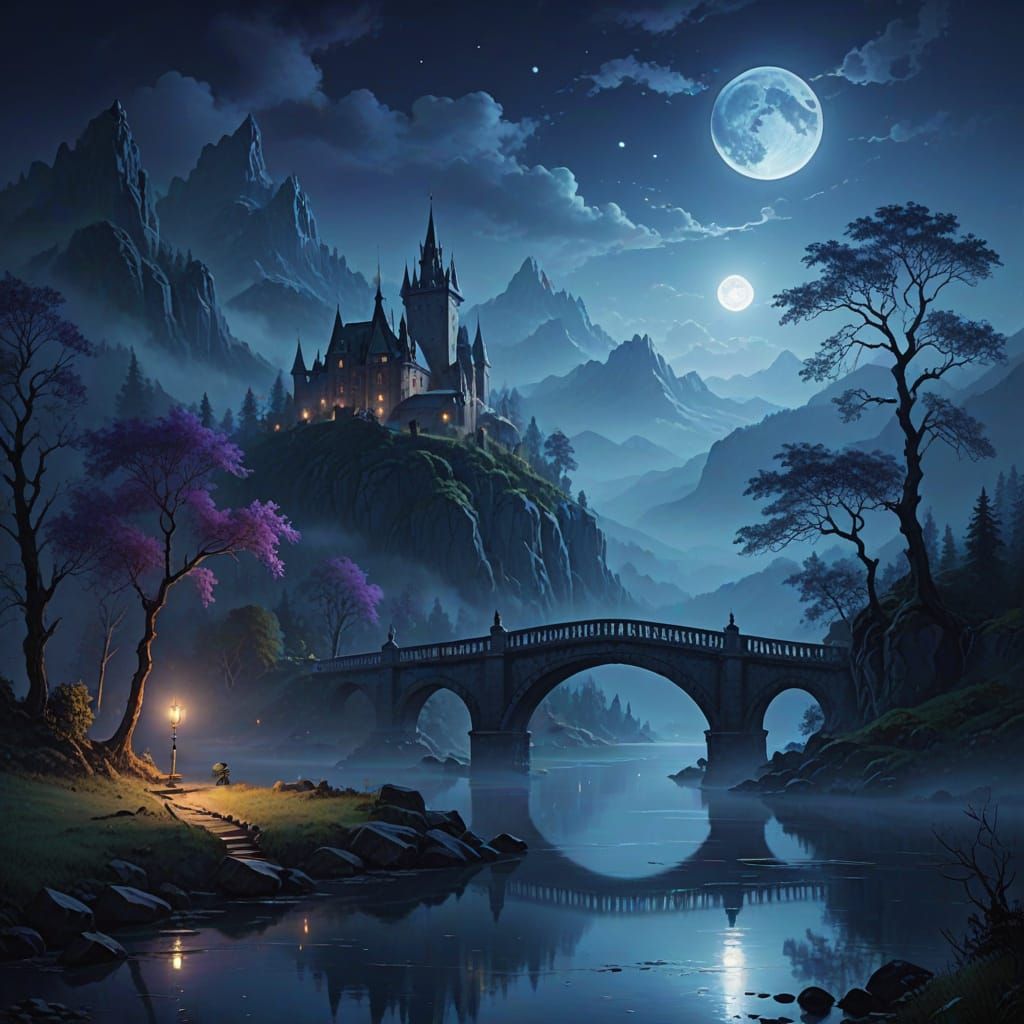 Majestic Bridge Under Full Moonlit Gothic Landscape