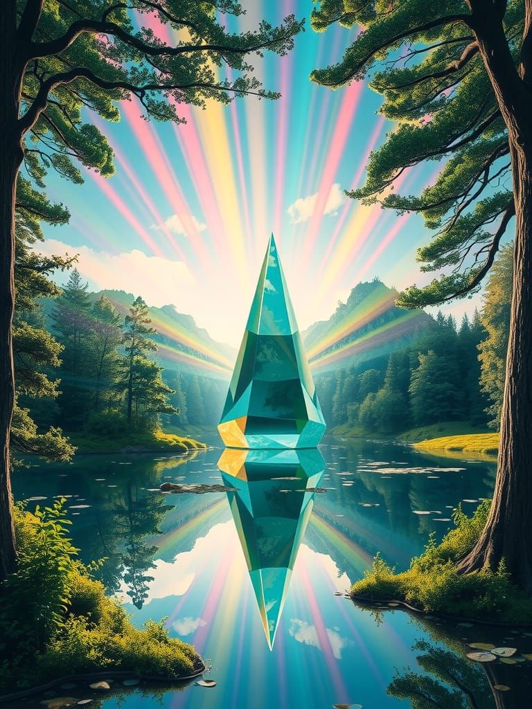 A surrealism landscape in colourfull forest.  In the middle of a lake is Aquamarin prism with reflecting rainbow beams